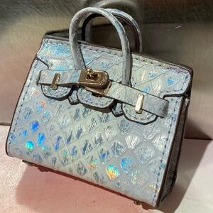 🐍 👜 Handmade Genuine Leather Mini Holographic White Snakeskin Birkin Bag Charm